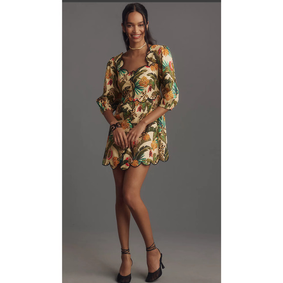 NWT Farm Rio x Anthropologie Square-Neck Scallop Mini Dress - XS - Picture 3 of 5